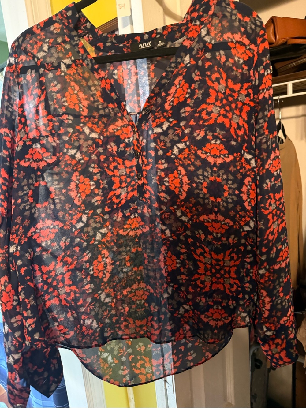 a.n.a Sheer Navy Blouse with Coral Floral Print